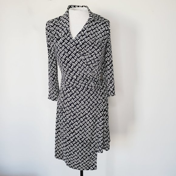 Laundry by Design Dress Wrap Geometric Retro Vintage Stretch Black White M - Picture 3 of 10